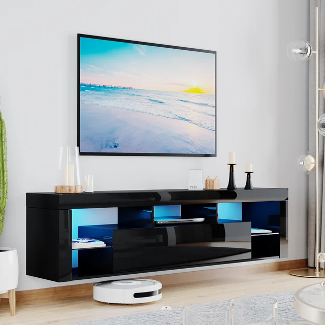 63" Floating TV Stand for 60" TV, LED TV Cabinet w/Power Outlets, Storage and Shelf, Modern High Gloss Media Console Table