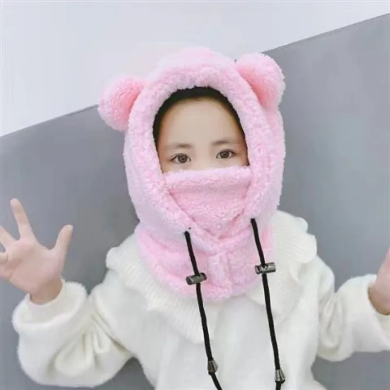 Winter Children Hat Scarf In One Plus Fleece Kids Warm Caps Parent-child Cartoon Windproof Hats For Girls Boys Earflap Cap
