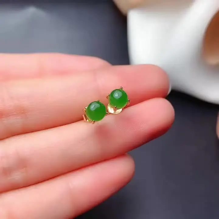 Green Jade Stud Earrings For Women - 18K Gold Plated Round Earrings With Zircon