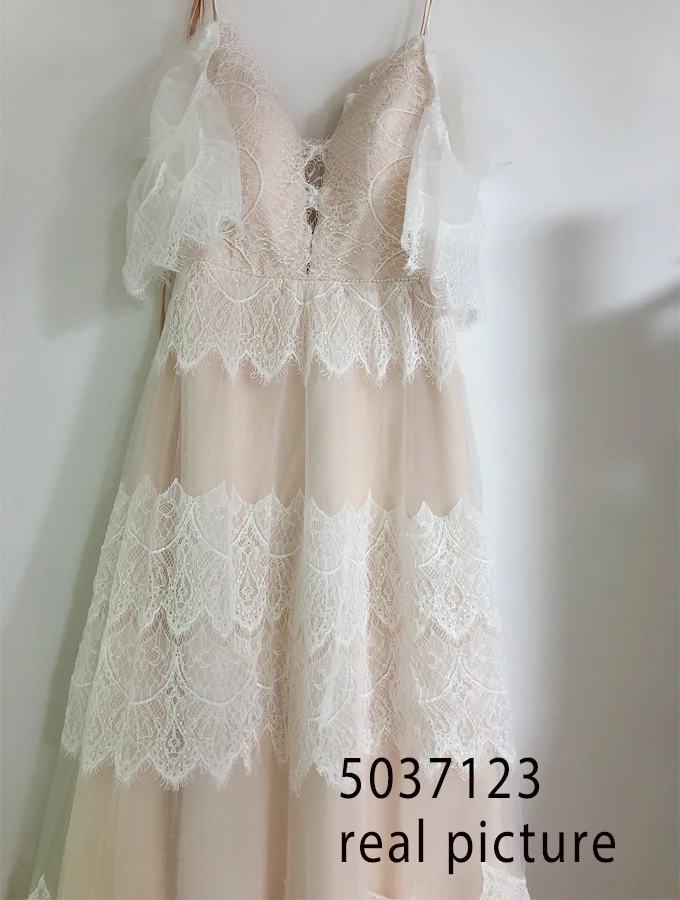 Abiti da sposa bohémien allettante Nude Champagne scollo A V Chic maniche cinghie Ruffles Lace A Line Backless abiti da sposa - immagine 6