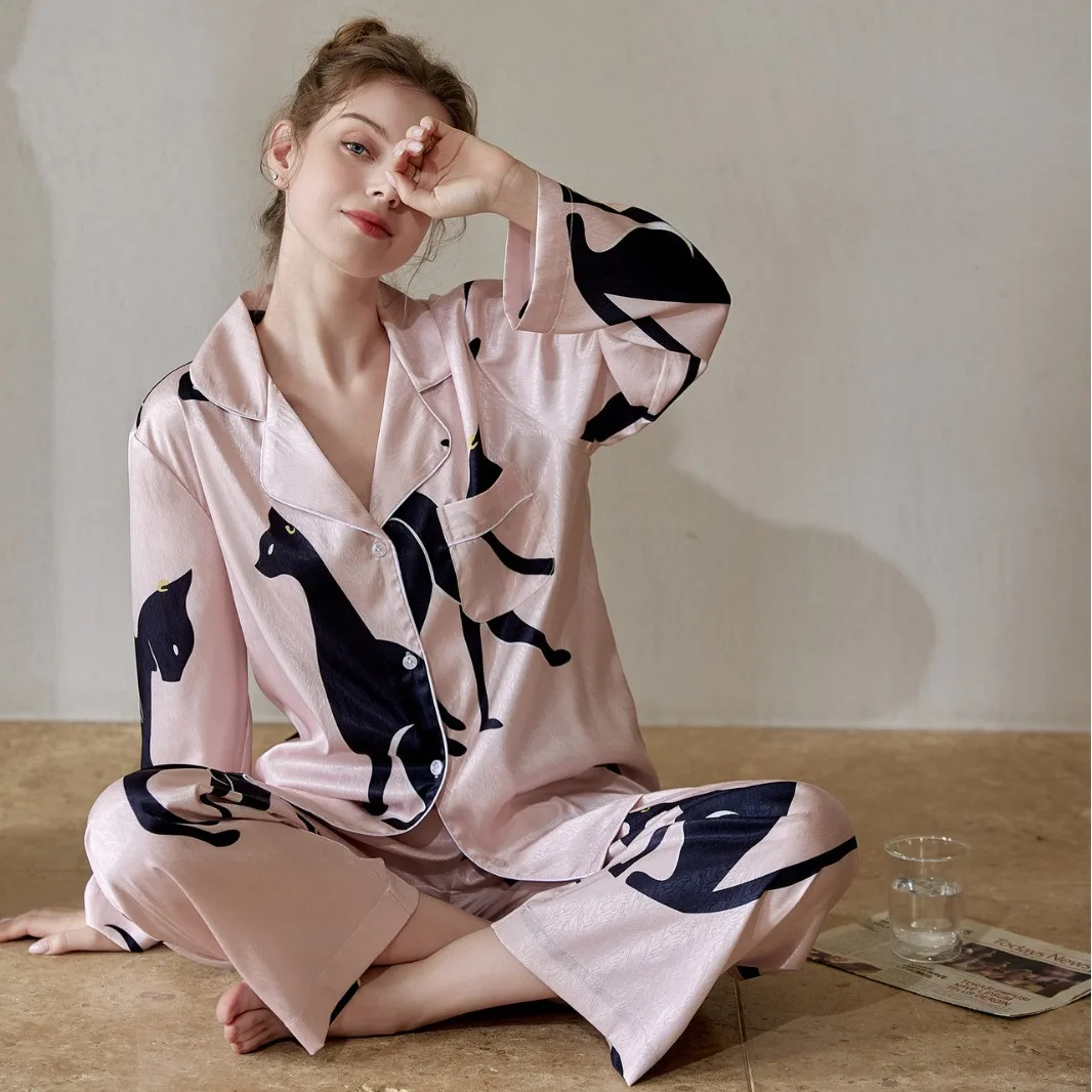 Ice silk pajamas women's long sleeved set women's spring thin home clothing pajama  silk pajamas for women  sleepwear women