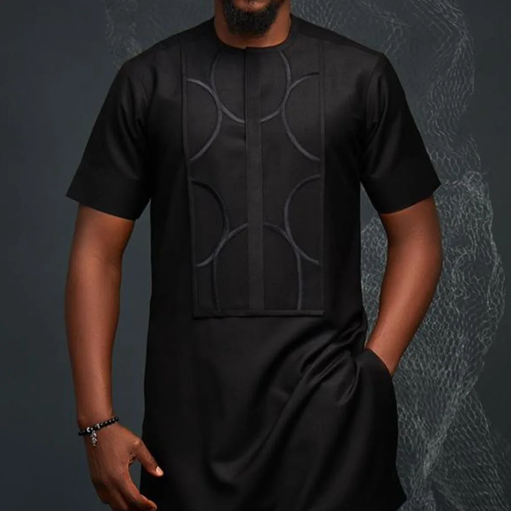 Men's Clothing Elegant Suit Two Piece Shirt and Pants Short Sleeve Suit Round Neck Solid Color Society African Ethnic Style