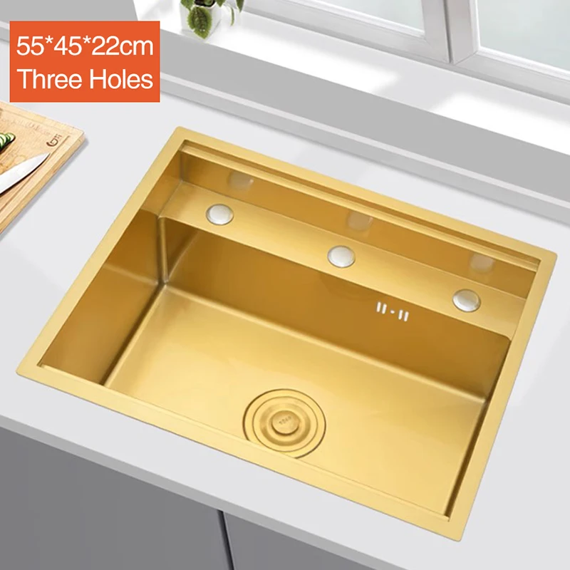 Nanometer Gold Double Cover Cloaking Kitchen Sink 304 Stainless Steel 3 Holes Handmade Single Large Size Kitchen Hidden Sinks 4