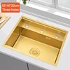 Nanometer Gold Double Cover Cloaking Kitchen Sink 304 Stainless Steel 3 Holes Handmade Single Large Size Kitchen Hidden Sinks 4