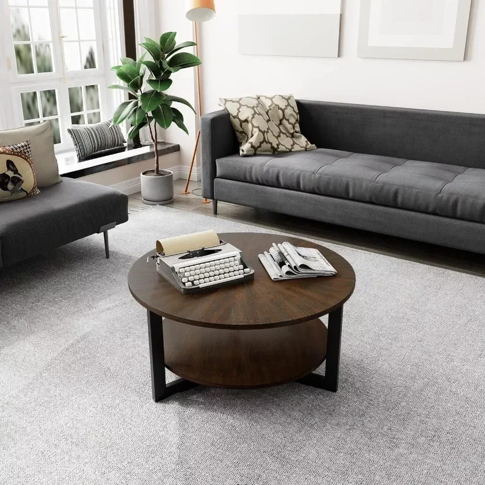 

Round Coffee Table with Storage Shelf, Metal Legs, Circular Solid Wood Center Tea Tables, Coffee Table