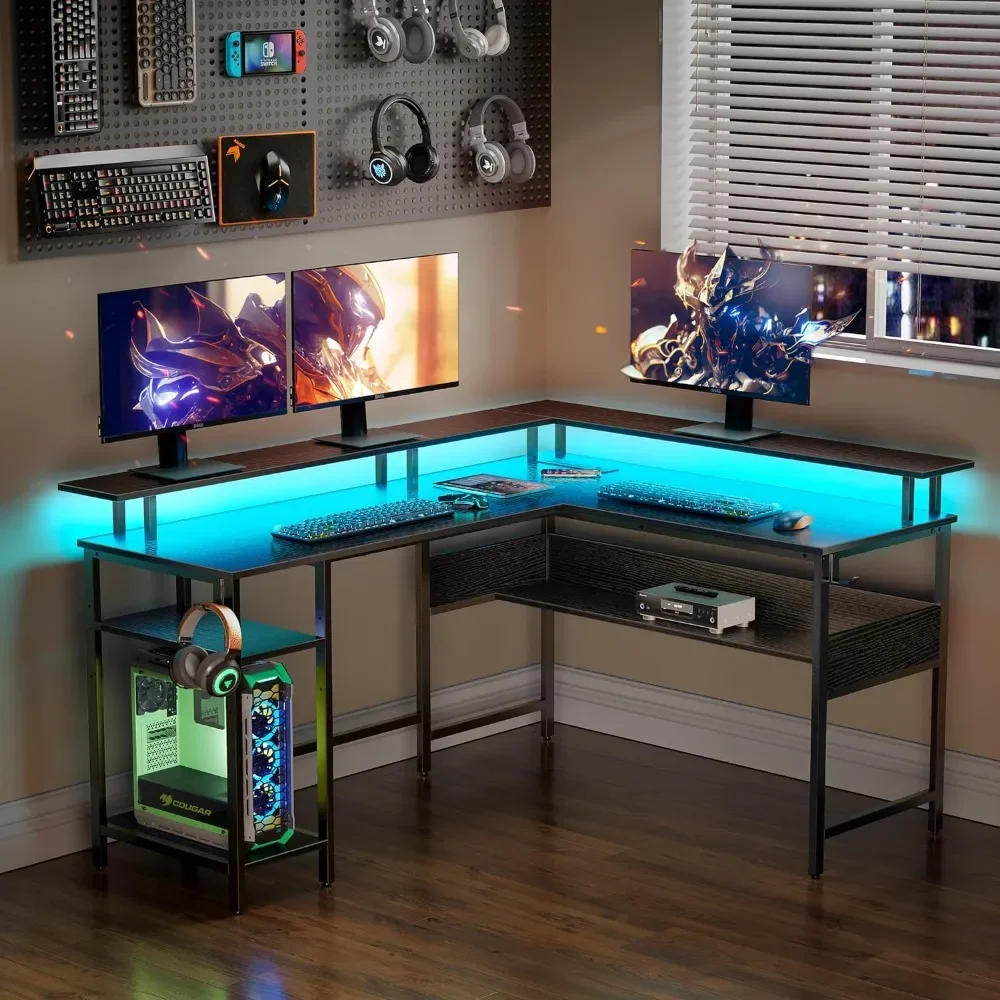 

Computer desk, L-shaped gaming desk with display storage rack, LED lights and power outlet, computer desk with USB port and hook