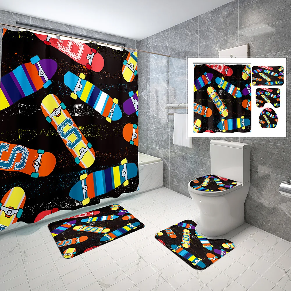 Cartoon Skateboard Shower Curtain Set with Non-Slip Rug Toilet Cover Bath Mat Colorful Graffiti Style Skate Board Bath Curtains portable 12 inch lcd writing tablet drawing graffiti electronic handwriting pad message graphics board draft paper with writing pen white