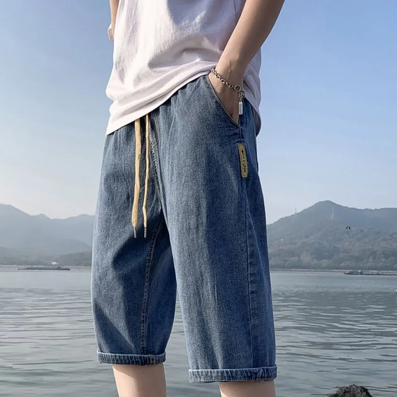 New Denim Shorts Capris Korean Version Fashionable Men's Summer Thin Loose Straight Drawstring Elastic Waist Pants 5xl Large