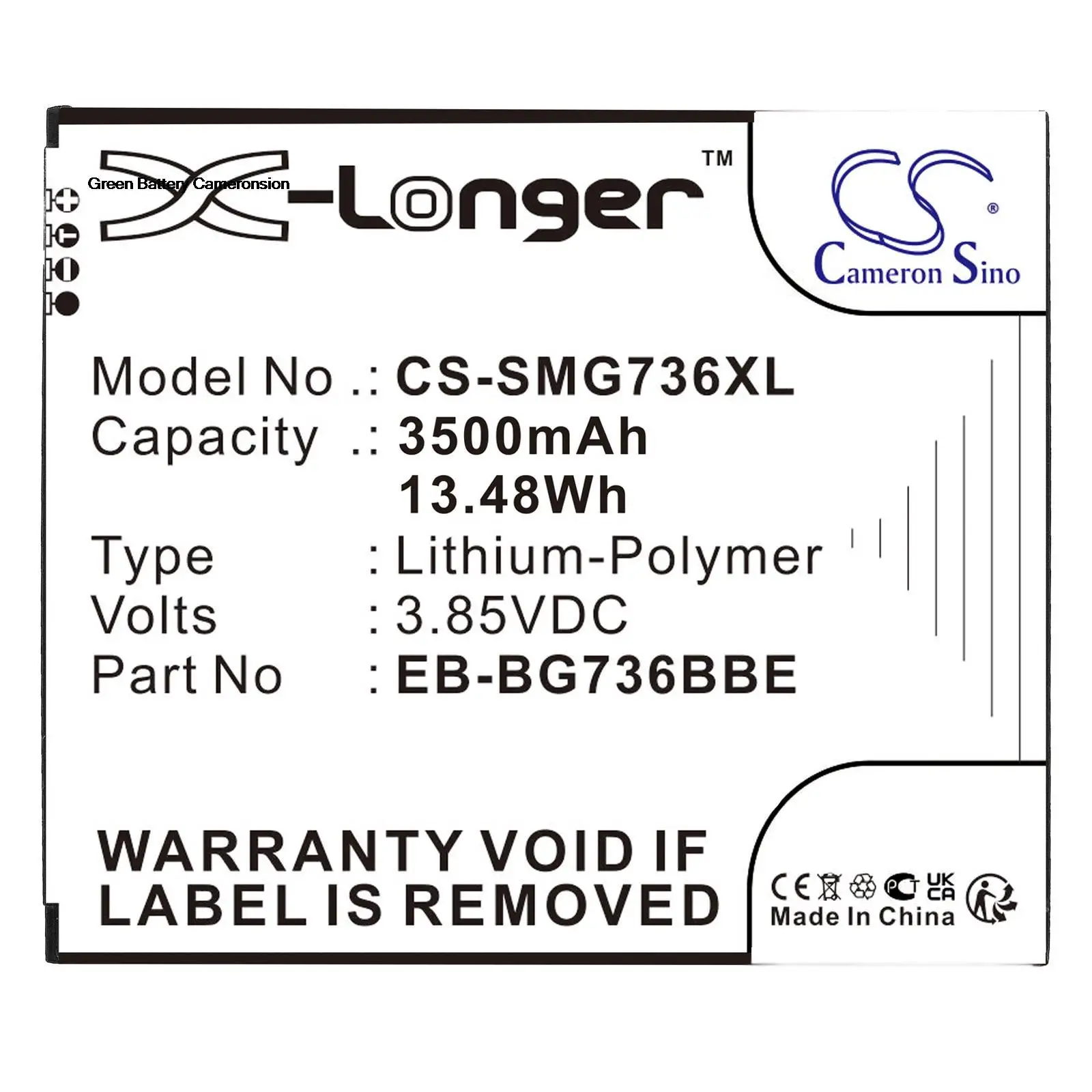 

Green Battery Cameron Sino 3500mAh For Samsung Galaxy Xcover 6 Pro,SM-G736U,SM-G736U1, SM-G736B,SM-G736B/DS,EB-BG736BBE