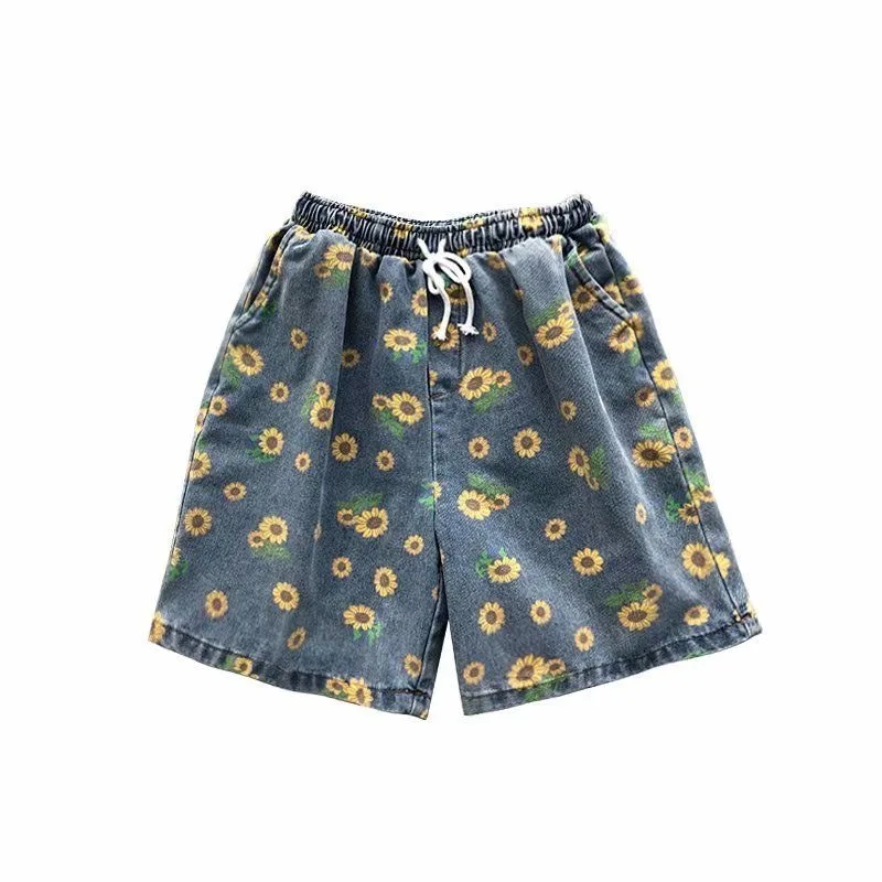 Summer Denim Shorts Men Fashion Drawstring Retro Flower Shorts Men Streetwear Hip-hop Loose Print Denim Shorts Mens Beach Shorts