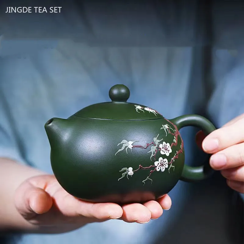 200ml Handmade Yixing Purple Clay Teapot Raw Ore Green Mud Ball Hole Filter Kettle Hand-painted Plum Blossom Xishi Tea Pot