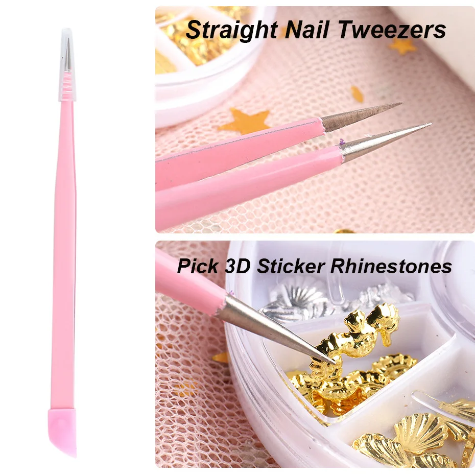 Nail Art Tweezers For Rhinestones Gems Stickers Picker 3D Nail Applicator Straight Multi Function Manicure Tweezer Art Tool