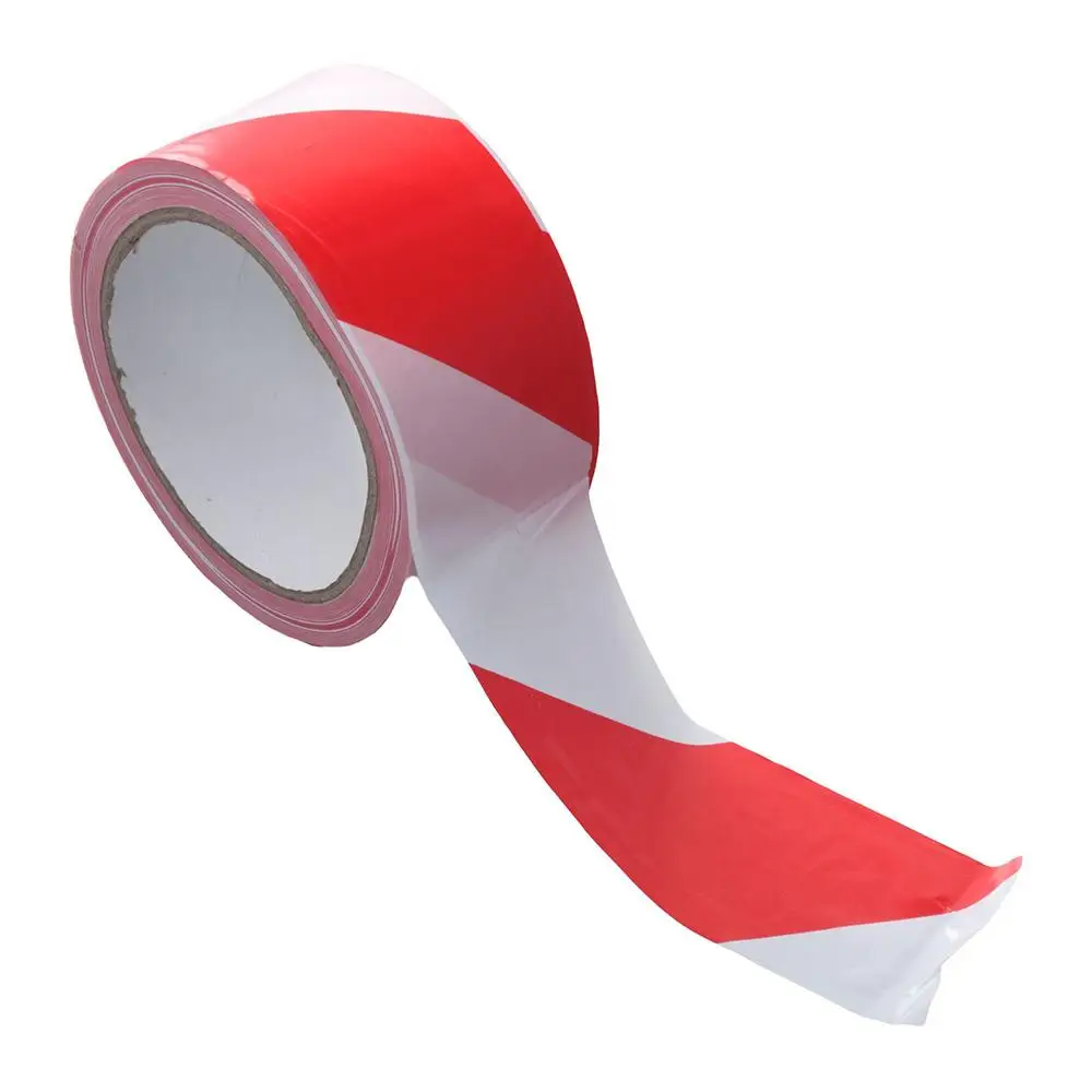 Détail du motif rayé rouge et blanc du ruban de balisage adhésif sécurité, 5cm x 1m.