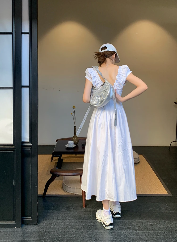 Casual Solid Midi Dresses for Women Korean Chic V-neck Backless High Waist Puff Sleeve A-line Party Dress Summer Vestidos Mujer