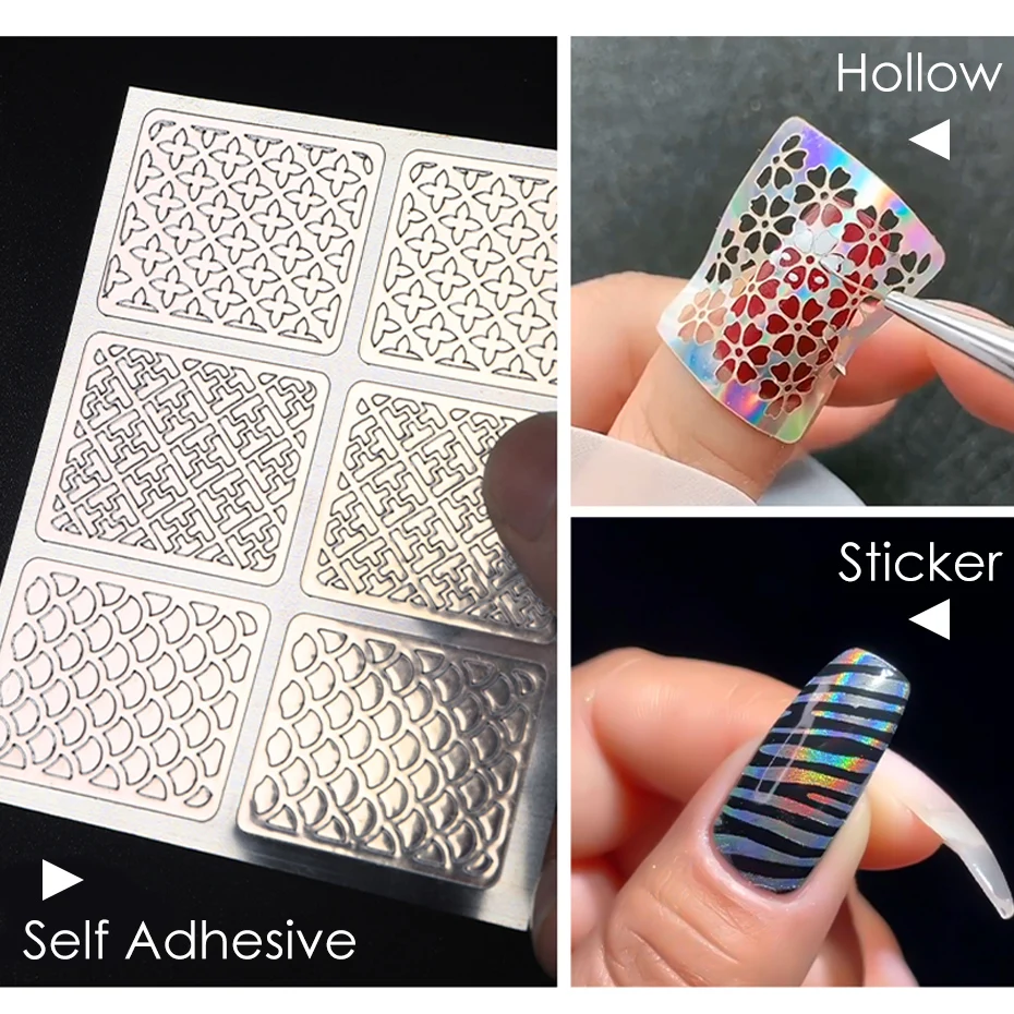 24 Sheet 3D Hollow Nail Stickers Decal Set Self Adhesive Holographic Nail  Art Template Print Slider Nail Art Decorations JI1877 - AliExpress
