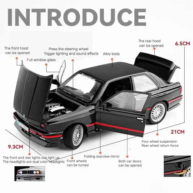 1:24 BMW M3 E30 Diecast Metal Miniature Car with Sound & Light Features