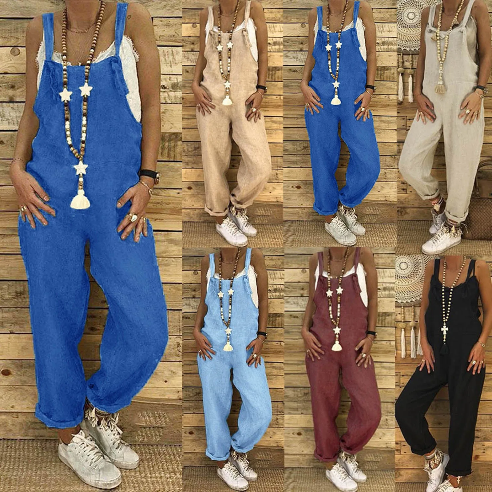 

Woman Cotton Linen Suspender Pants Solid Color Loose Bib Straight Leg Jumpsuits Vintage Baggy Overalls Trousers Pockets Playsuit