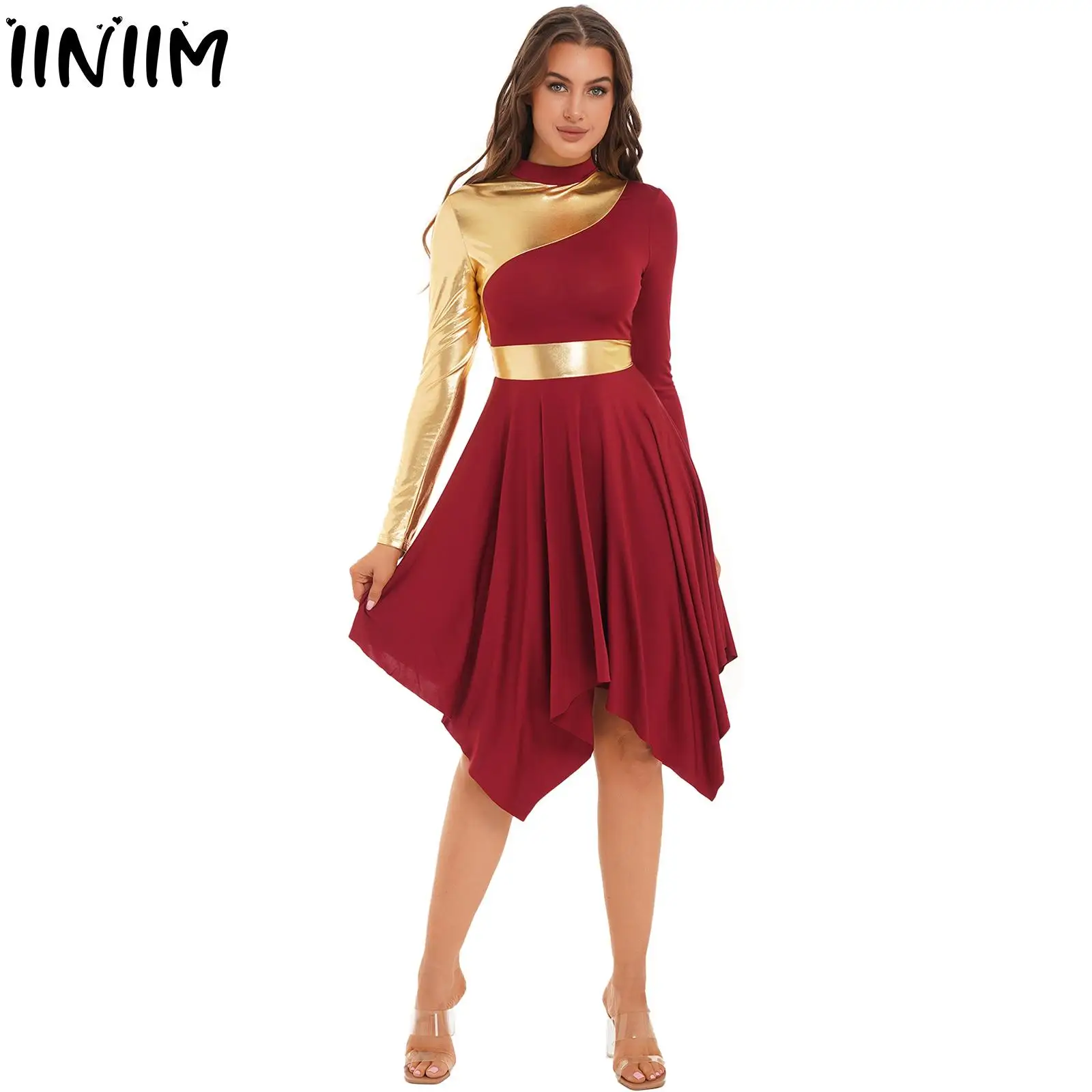 Women Lyrical Modern Costume Long Sleeve Asymmetric Metallic Color