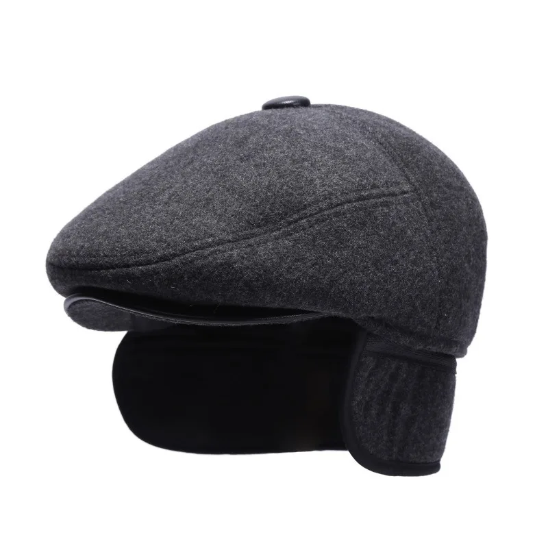 Thick Warm Winter Caps for Men Solid Black Grey Flat Cap Male
