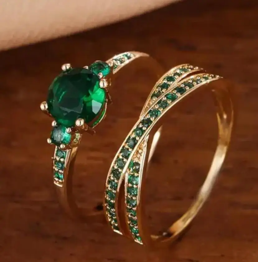 Vintage Fashion Green Color Square Zircons Two Rings Set For Women Party Birthday Jewelry New 2023 Custom Jewelry 1