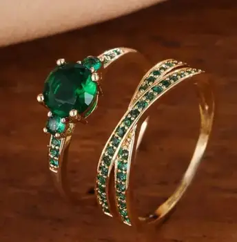 Vintage Fashion Green Color Square Zircons Two Rings Set For Women Party Birthday Jewelry New 2023 Custom Jewelry 1