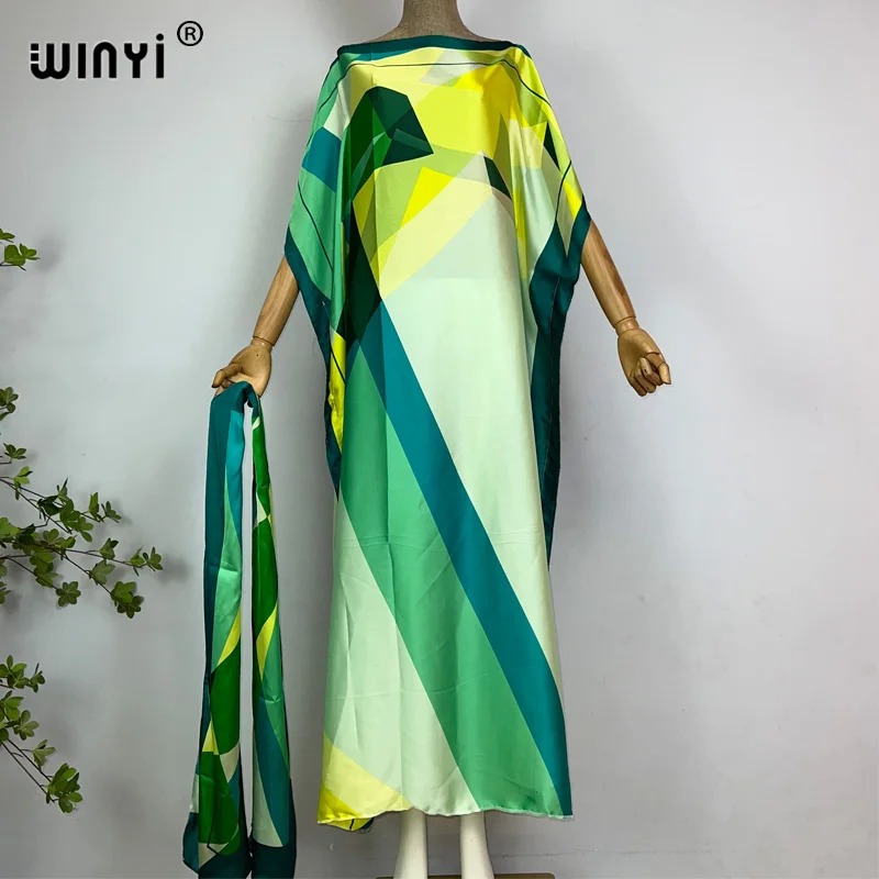 

WINYI Africa summer kaftan with belt Women Geometric print Caftan Elegant Holiday summer Maxi silk feeling Bohemian party dress