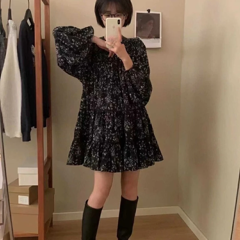 

Loose Dress Women Floral Print Loose Korean Style Long Sleeve Slim All-match Casual Office Lady Sweet Temperament Cozy Spring