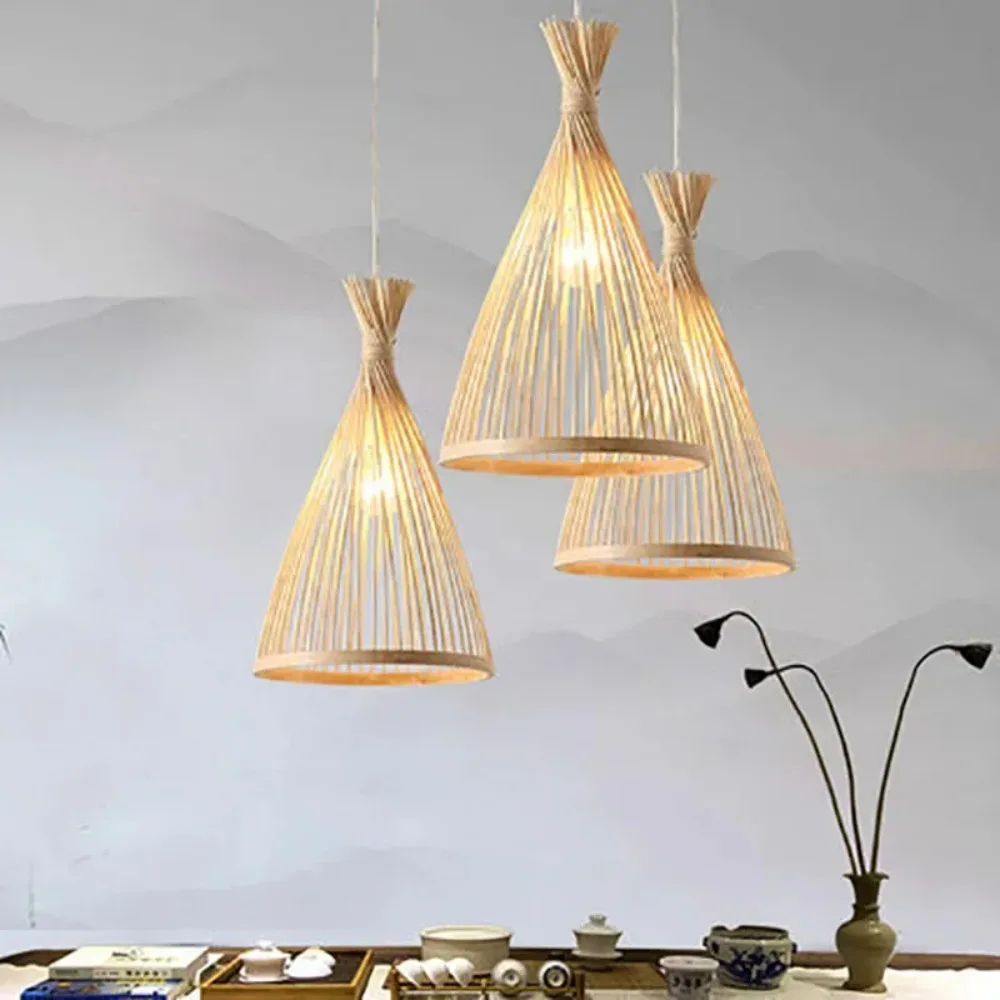 BambooChandeliers Wood Base Lighting Bedroom Interior Classical Hand Woven Bamboo Pendant Light Fixture Vintage Pendant Lamp