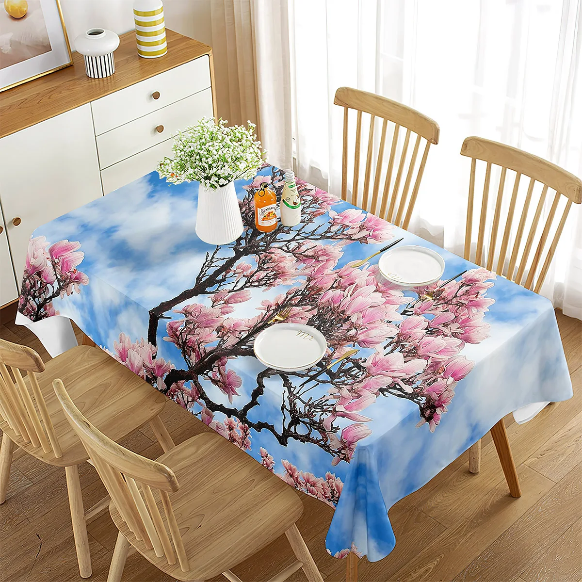 

Purple Tablecloth, Blooming Magnolias Summer Season Soft Pastel Colors Country Meadow Flowers Print, Rectangular Table Cover