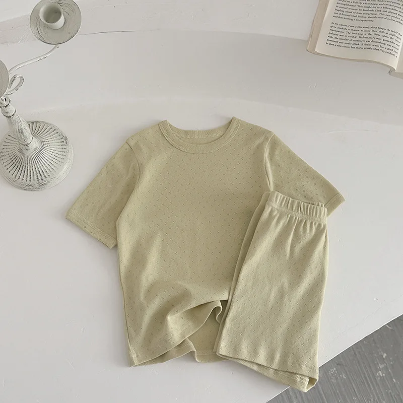 2025 A - Class Soft Cotton Solid Color Ribbed Home Pajamas Set for 0 - 4 Years Ins Style Breathable Boys Girl Home Wear Suit