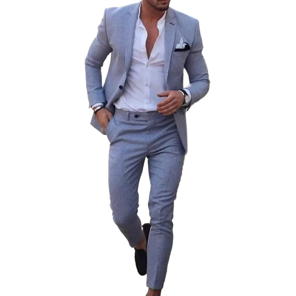 Mens 2-piece Pant Suits Spring Summer Single One Button Linen Solid Blazer Jacket Smart Casual Wedding Business Commuting Suit