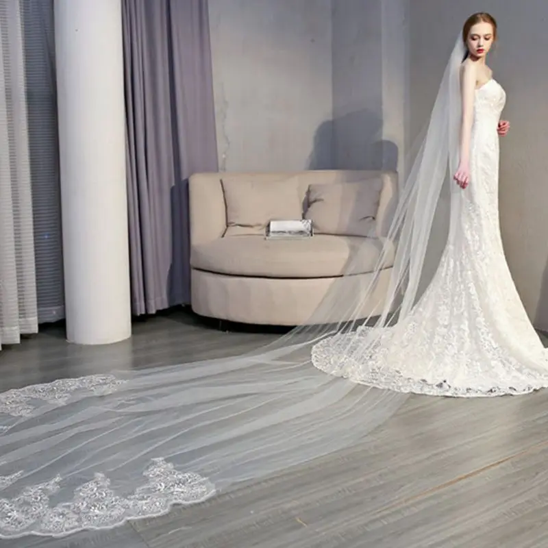 One-Layer Women Trailing Cathedral Long Wedding Veil Embroidered Floral Lace Applique Scalloped Trim With Comb