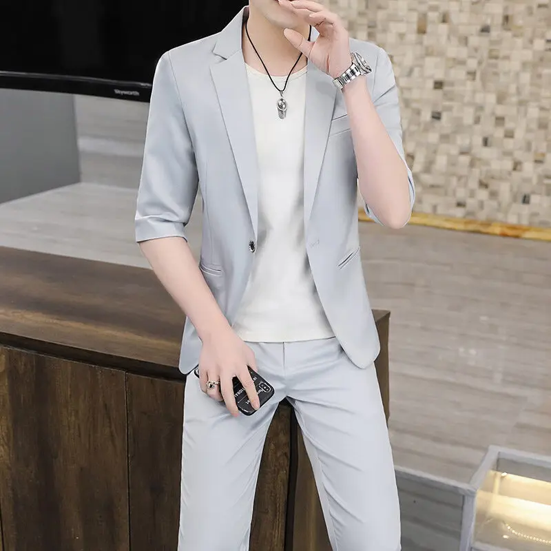 Business Casual One Button Suit Men's Sets Summer Solid Color Slim Fit Short Sleeve Blazers & Pants Two-Pieces Set Clothing