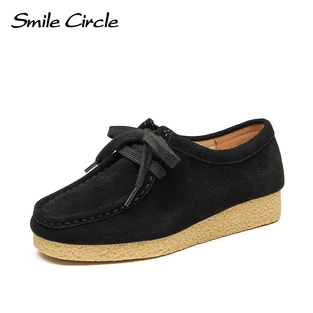 Smile Circle Wallabee Suede Leather Flat Shoes Women Lace-up Derby Shoes Autumn Casual Oxfords 3