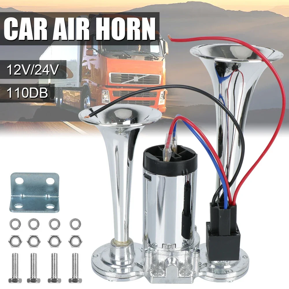 Super Loud Electric Speaker Car Air Horn Set 12V/24V For Motorcycle Boat Truck with Wires and Relay 110dB Hooter Dual Trumpets