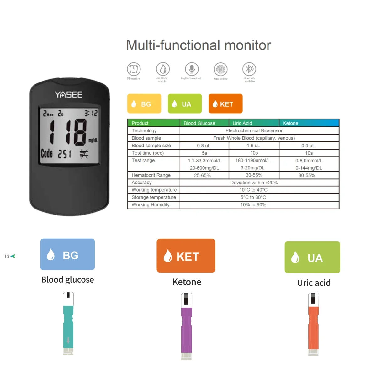 Blood Glucose Monitor Blood glucose Ketone And Uric acid Test Large LCD display Meter Glucometer Kit Diabetes Blood Ketone Tester 3 in1 Multifunction