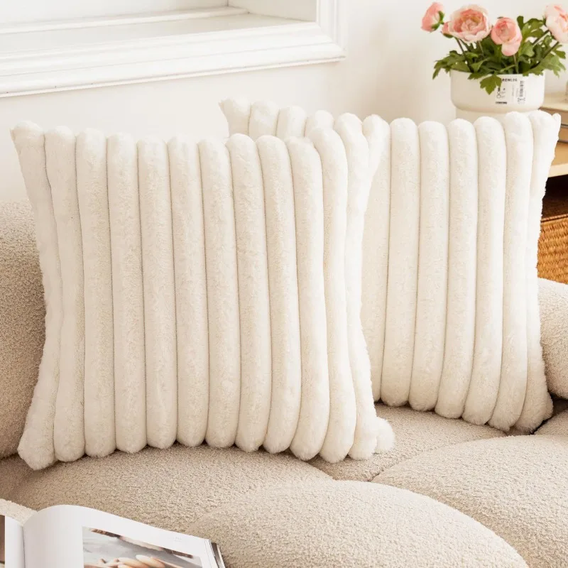 Luxurious Faux Rabbit Fur Striped Cushion Cover – Super Soft Solid Color (24×24 inch)