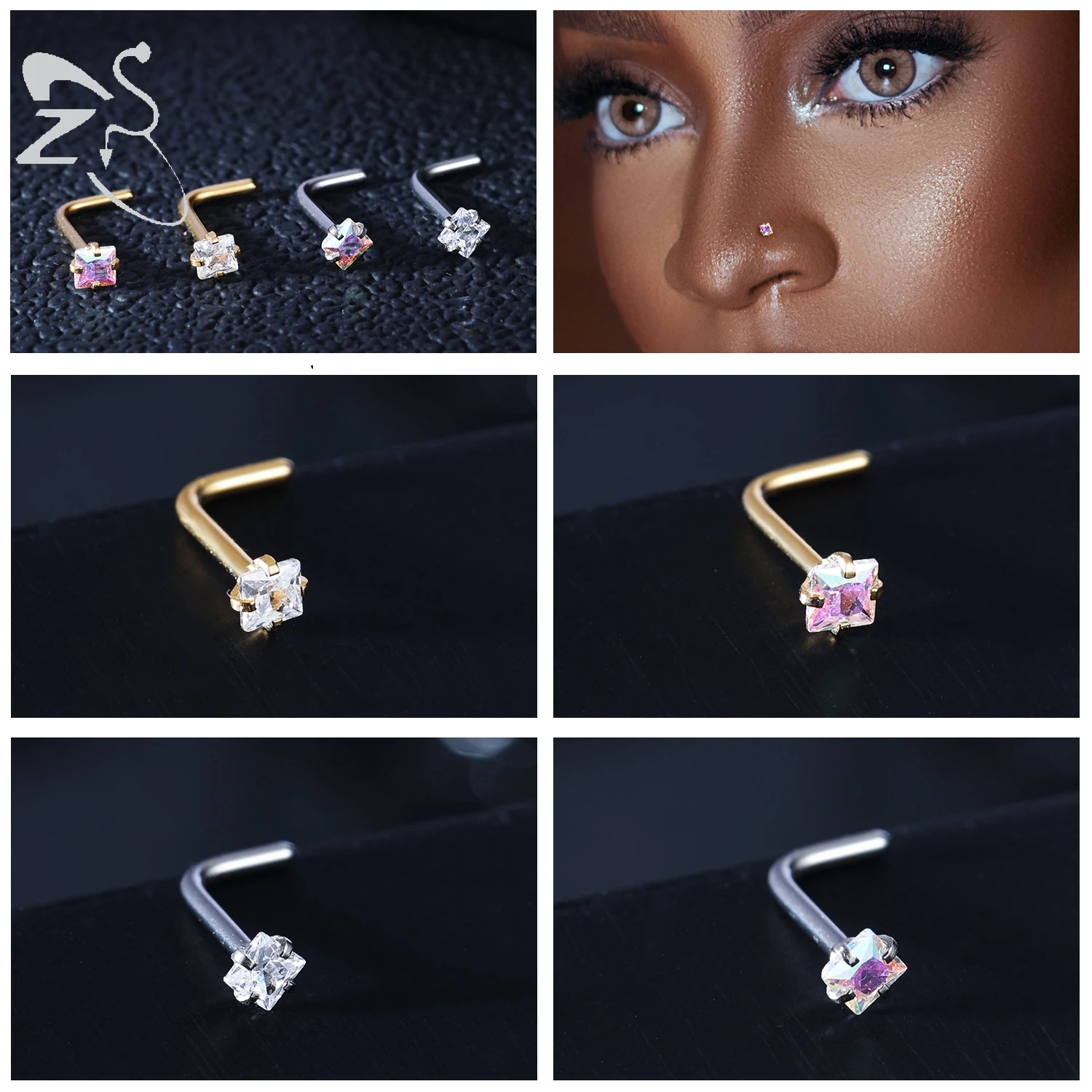 ZS 3-4Pcs/lot Gold Color Stainless Steel Nose Stud Set Heart Star Round Crystal Nose Piercing L Shape Nostril Piercing 18g/20g 3