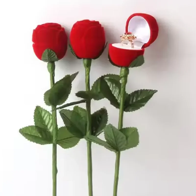Flocked Rose Ring Box Long Root Rose Earring Ring Storage Box High-end Gift Box Engagement Ring Storage Box