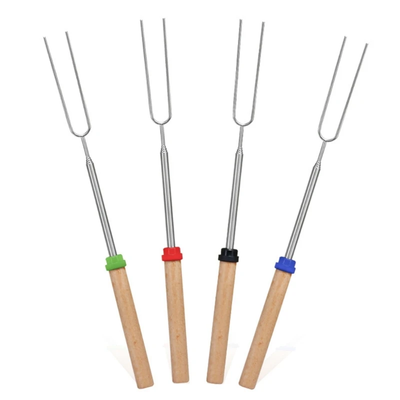 4pcs Telescoping Marshmallows Roasting Stick Extendable Stainless Steel Forks Wooden Handle BBQ Fork Camping Accessories A0KF