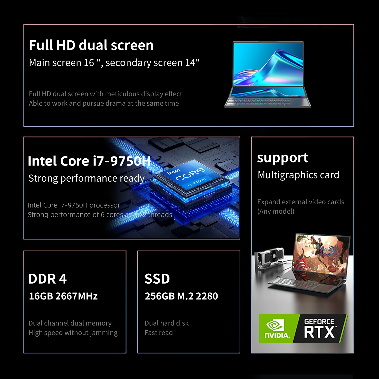 New Dual Screen Laptop Intel Core I7-9750H 16.1 Inch + 14.1 Inch
