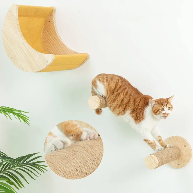 Wall Mounted Cat Tree Cat Climbing Wooden Shelves Climbing Hammock Set Scratching Post and Ladder for Cats Playing and Sleeping 4