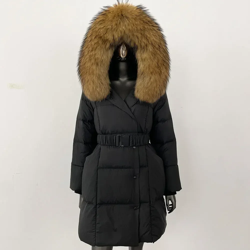 Winter Hooded Whitte Duck Down Coat 2024 New Oversize Ladies Outerwear Long Real Fur Jacket Women Natural Fox Fur Collar Jacket