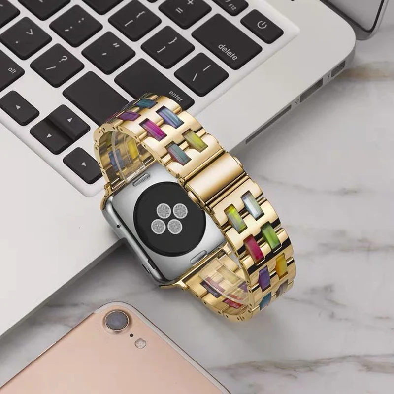 Luxury Resin Strap For Apple Watch Band 40mm 44mm 42mm Bracelet Stainless Steel Belt For iWatch 8 7 45mm 41mm iWatch 6 5 4 3 SE