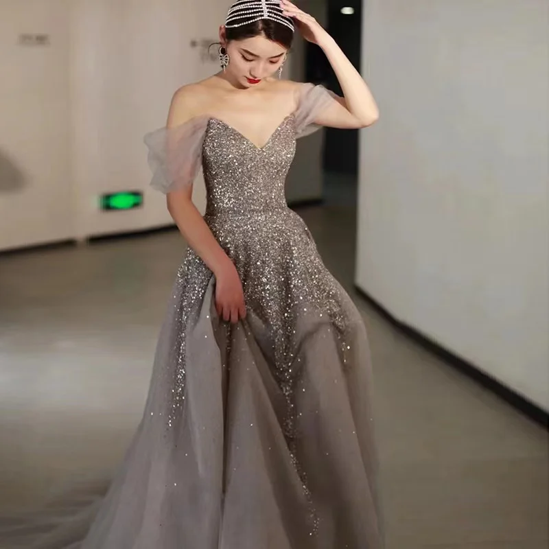 2025 Luxury Off Shoulder A Line Gray Satin Evening Gown Pearl Beaded for Formal Occasion LA72779