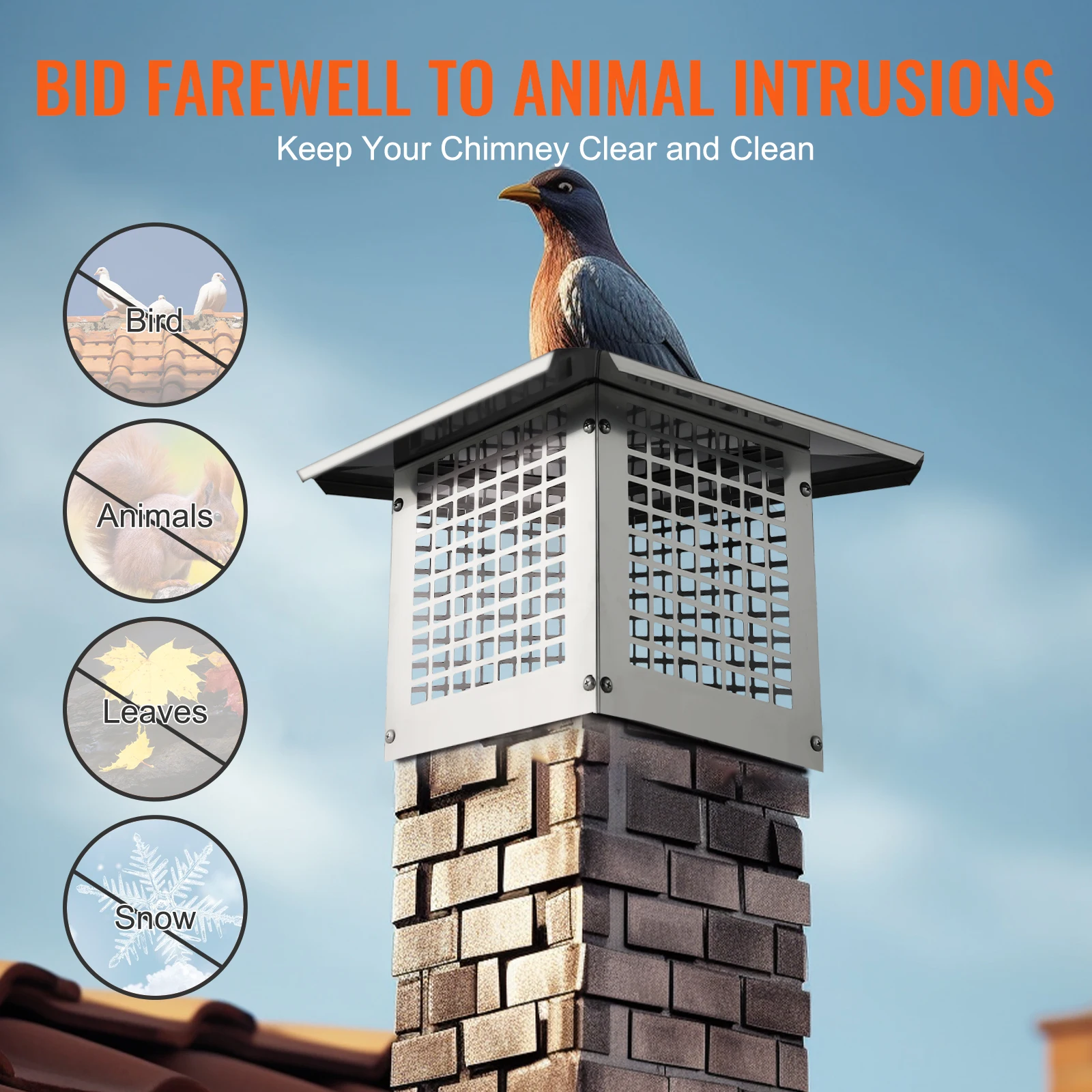 SucceBuy Chimney Cap 4 Sizes 304 Stainless Steel Fireplace Chimney Cover Not Easily Toppled Fits Mesh Flue Outside Covers Silver