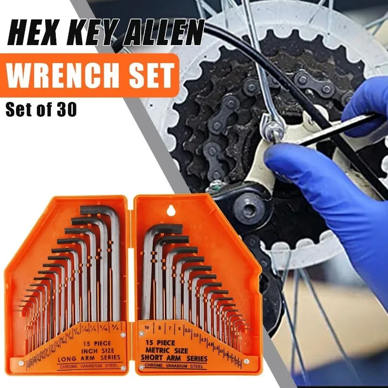 

30Pcs Hex Key Allen Wrench Set 0.7mm-10mm SAE Metric Assortment L Shape Chromium-vanadium Steel Spanner Long Short Arm Hand Tool
