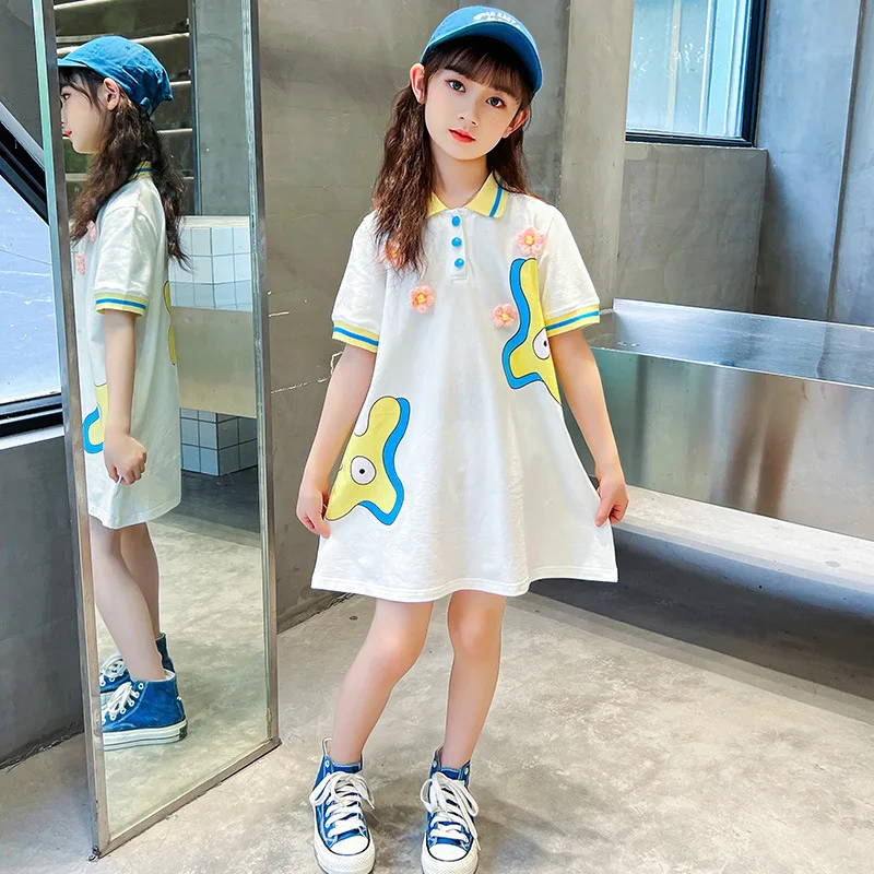 

Girls Dress Summer 2023 New Printed Sweet Children's Wear Polo Skirt Girl Summer Fashionable Loose Casual Dress for 4 6 8 10 12
