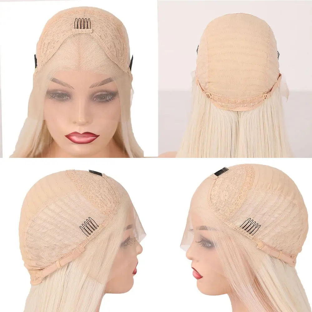 Platinum Blonde Lace Front wig With Grey Roots Thick Shoulder Wavy Synthetic Hair 16" 150% Density Ready to Ship 10% Human Hair