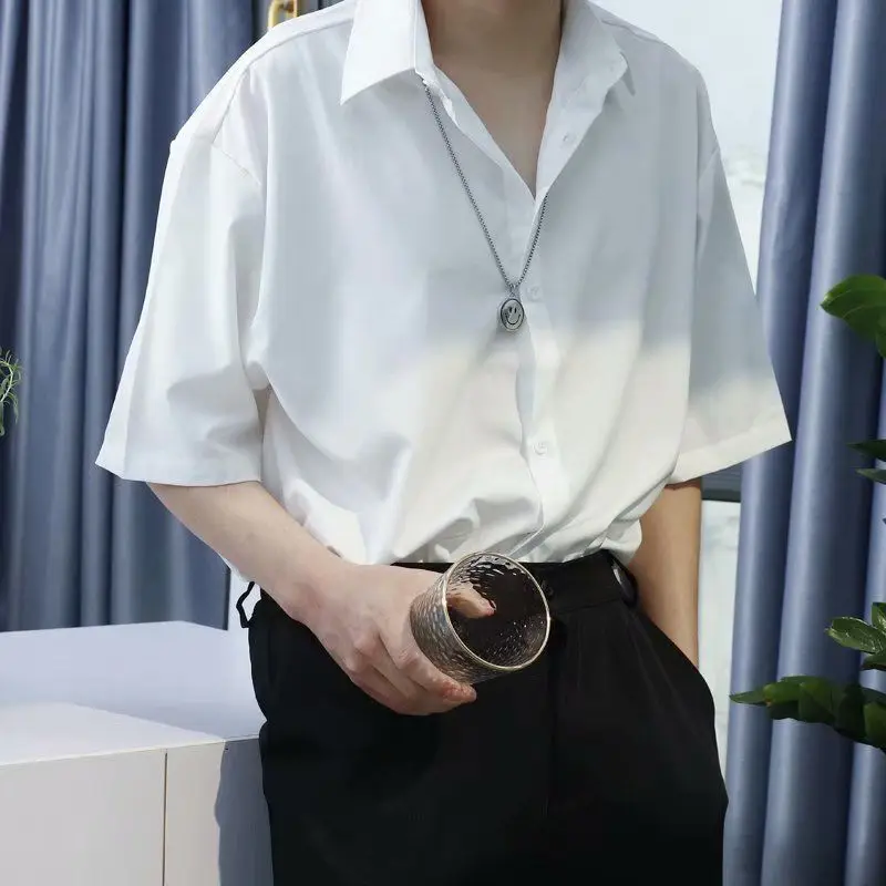 Casual White Shirt for Men Solid Color Ice Silk Long Sleeve Shirt Harajuku Loose Top Quality Drape White Japanese Streetwear long sleeve shirt,silk shirt
